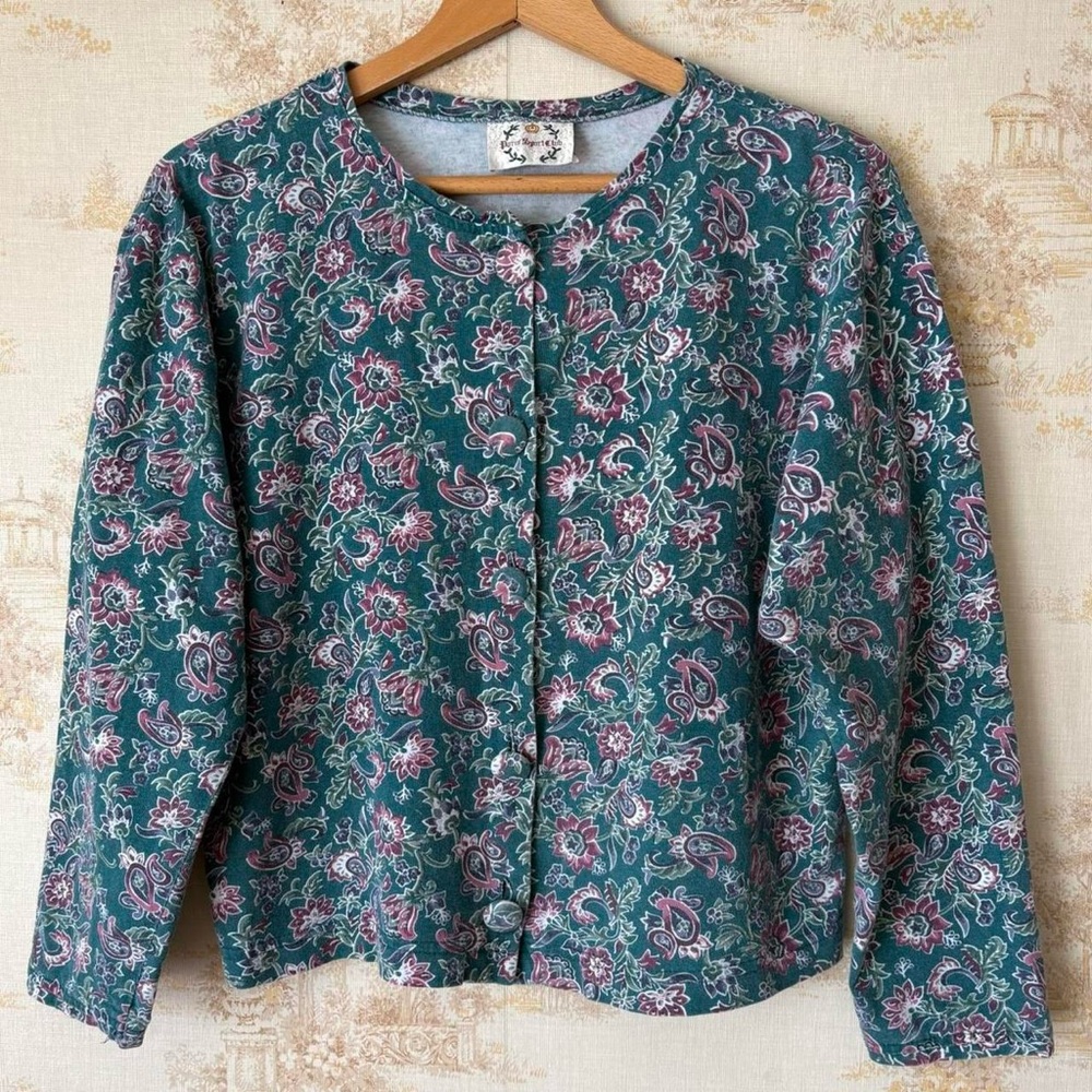 Vintage Paris Sport Club cottagecore teal green floral button cardigan sweater